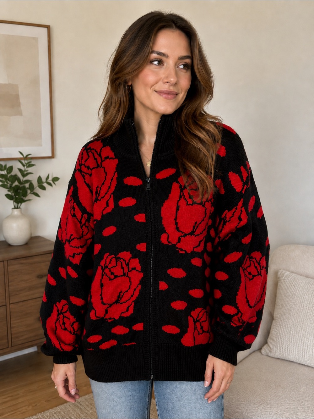 Vintage Winterset Black & Red Floral Zip-Up Sweater Jacket